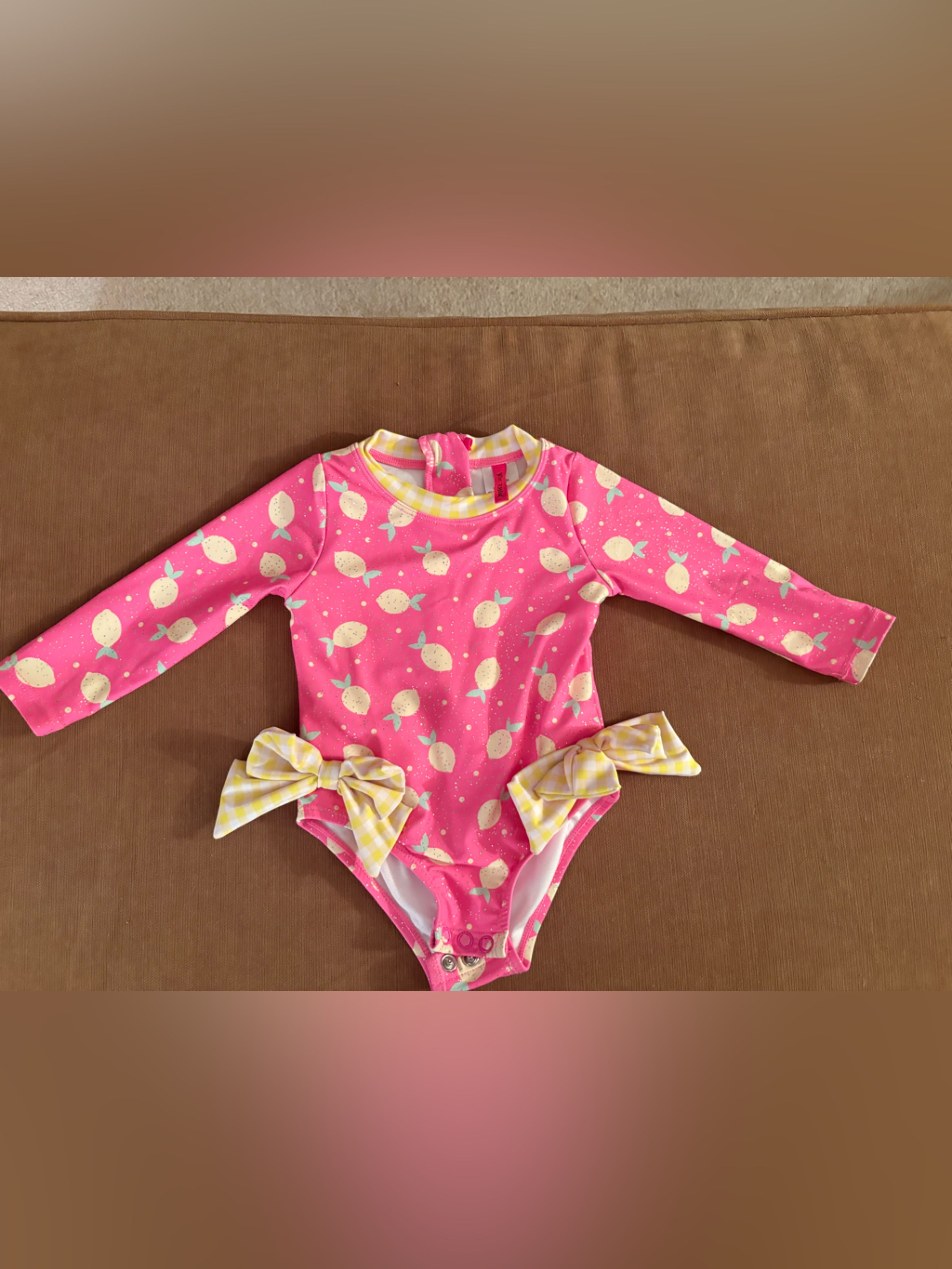 Toddler Girls Pink Lemon Print Long Sleeve Swimsuit With Yellow Bows
